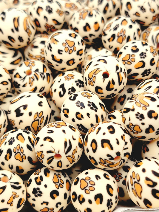 15mm Printed Brown Leopard Paw Print Silicone Bead – Round Pet Beads for Pens & Wristlets