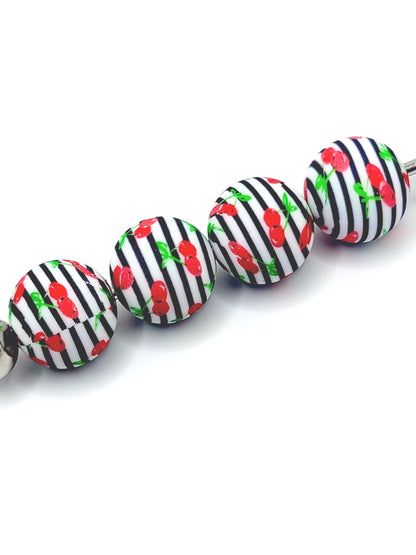 15mm Printed Cherry Print Silicone Beads – Black & White Striped Cherry Round Beads for Pens & Wristlets