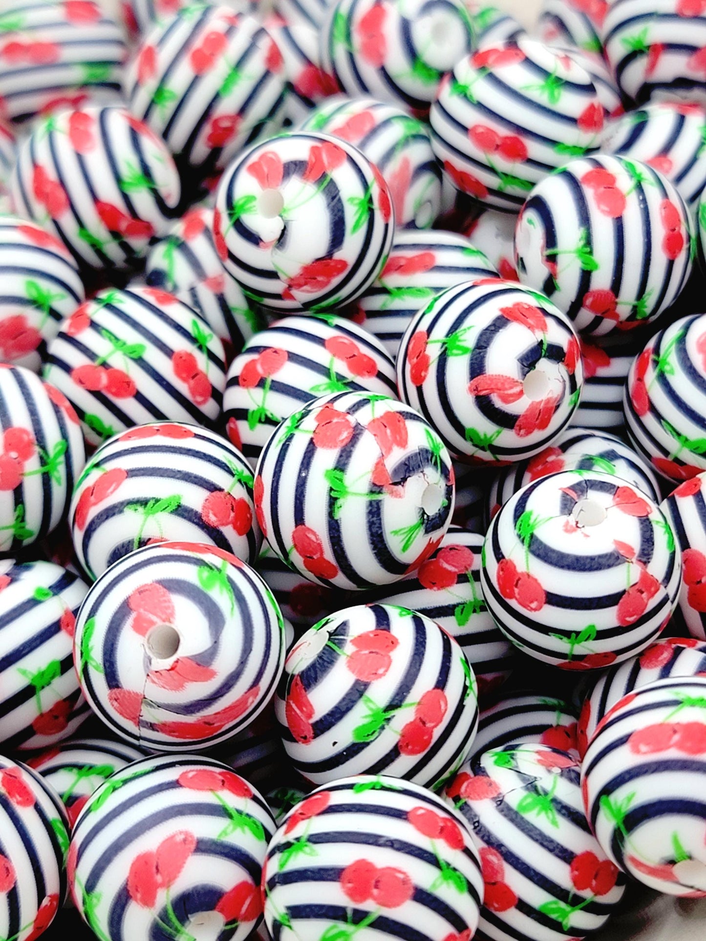 15mm Printed Cherry Print Silicone Beads – Black & White Striped Cherry Round Beads for Pens & Wristlets