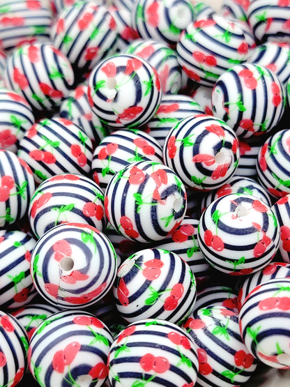 15mm Printed Cherry Print Silicone Beads – Black & White Striped Cherry Round Beads for Pens & Wristlets