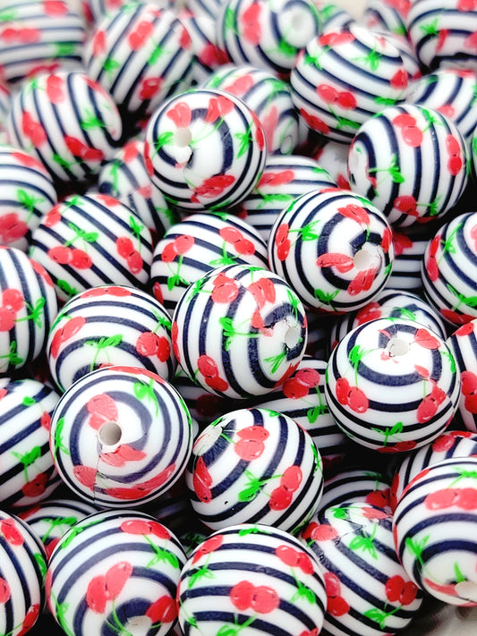 15mm Printed Cherry Print Silicone Beads – Black & White Striped Cherry Round Beads for Pens & Wristlets