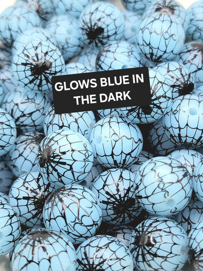 15mm Printed Blue Halloween Spider Web Silicone Beads – Spooky Round Beads for Pens & Wristlets