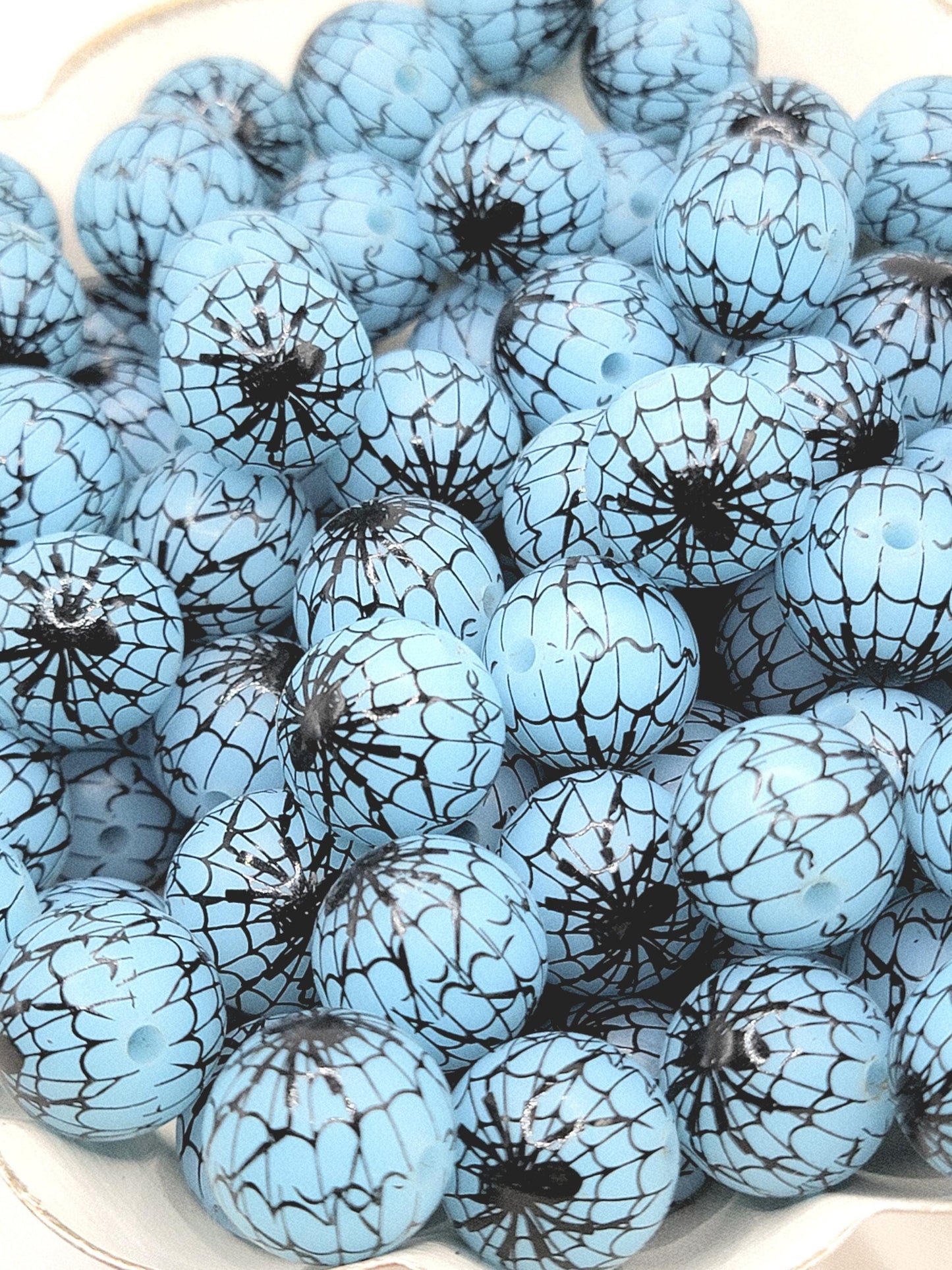 15mm Printed Blue Halloween Spider Web Silicone Beads – Spooky Round Beads for Pens & Wristlets