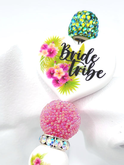 Tropical Floral Bridal Tribe Party Heart Focal Pen Bead – Printed Silicone Bridesmaid & Gift Bead (Set 1 or 2)