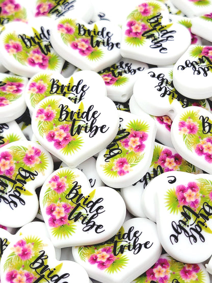 Tropical Floral Bridal Tribe Party Heart Focal Pen Bead – Printed Silicone Bridesmaid & Gift Bead (Set 1 or 2)