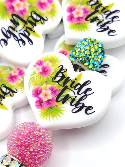 Tropical Floral Bridal Tribe Party Heart Focal Pen Bead – Printed Silicone Bridesmaid & Gift Bead (Set 1 or 2)