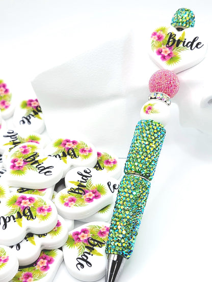 Tropical Floral Bride Heart Focal Pen Bead – Printed Silicone Bridal Bead for Pens & DIY Crafts (Set 1 or 2)