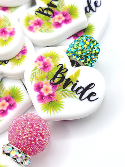 Tropical Floral Bride Heart Focal Pen Bead – Printed Silicone Bridal Bead for Pens & DIY Crafts (Set 1 or 2)