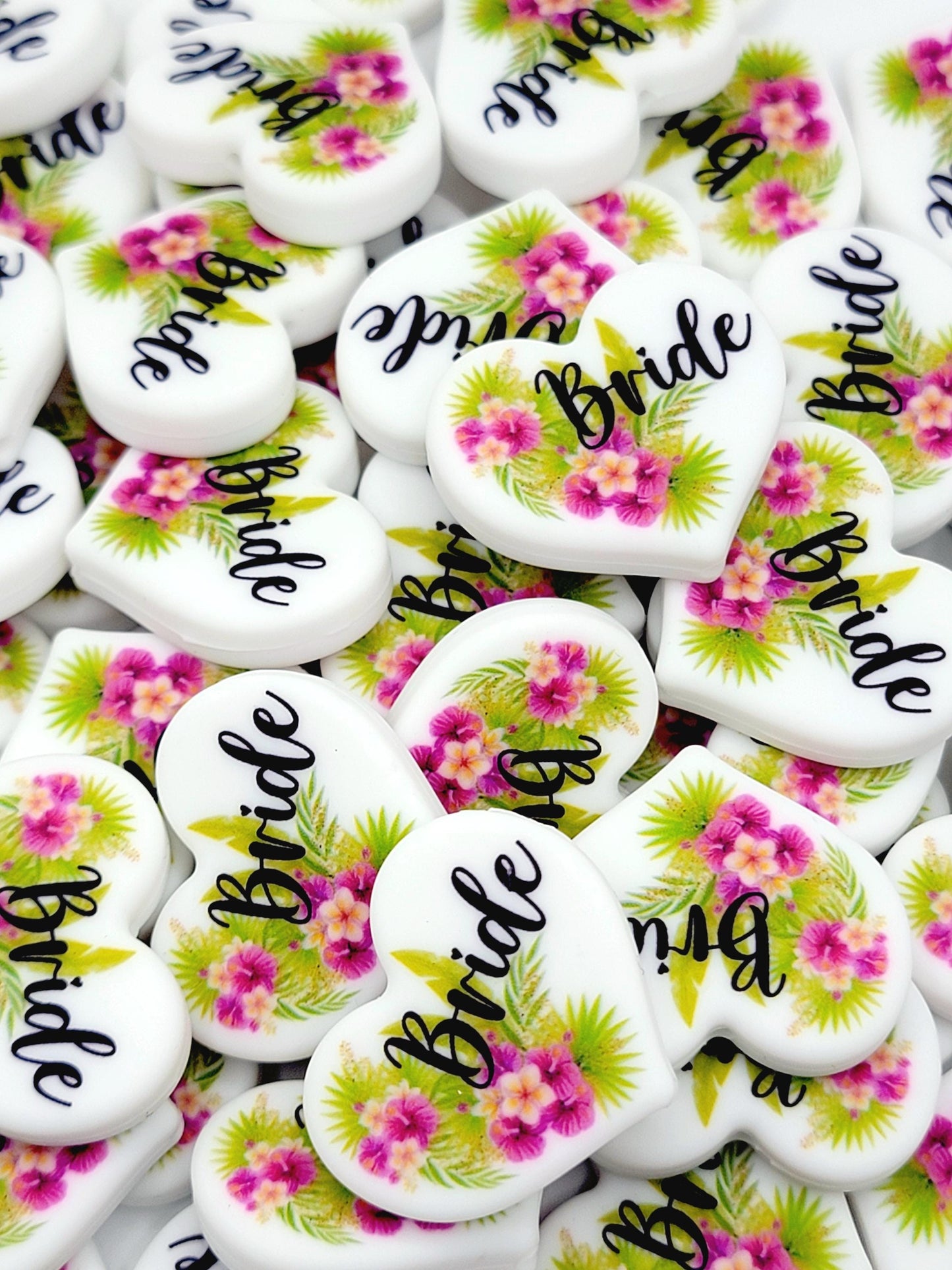Tropical Floral Bride Heart Focal Pen Bead – Printed Silicone Bridal Bead for Pens & DIY Crafts (Set 1 or 2)
