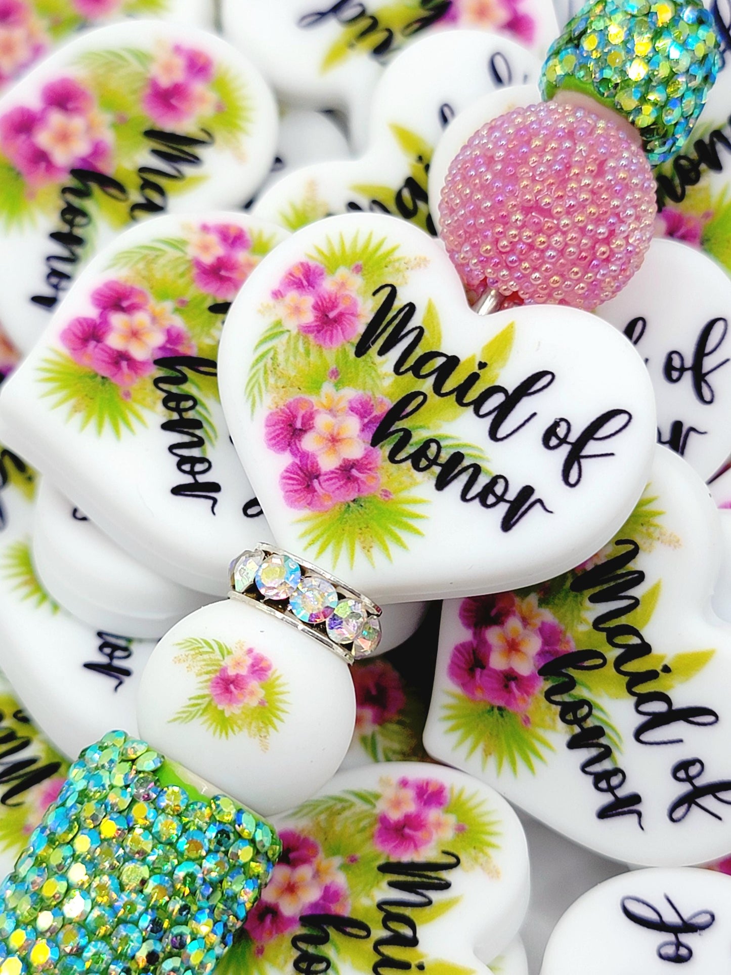 Tropical Floral Maid of Honor Heart Silicone Focal Pen Bead – Printed Bridal Heart Bead (Set 1 or 2)