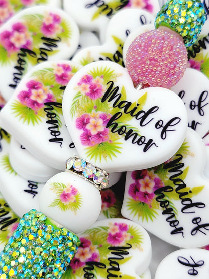 Tropical Floral Maid of Honor Heart Silicone Focal Pen Bead – Printed Bridal Heart Bead (Set 1 or 2)