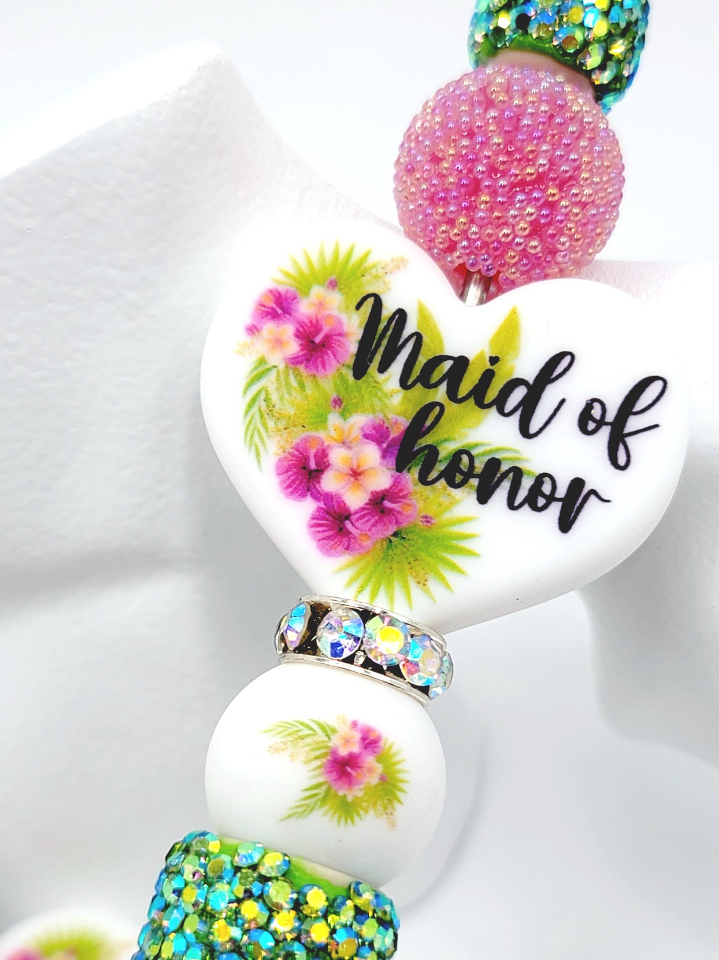 Tropical Floral Maid of Honor Heart Silicone Focal Pen Bead – Printed Bridal Heart Bead (Set 1 or 2)