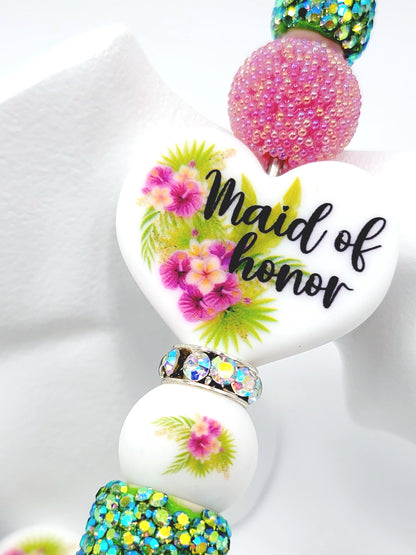Tropical Floral Maid of Honor Heart Silicone Focal Pen Bead – Printed Bridal Heart Bead (Set 1 or 2)
