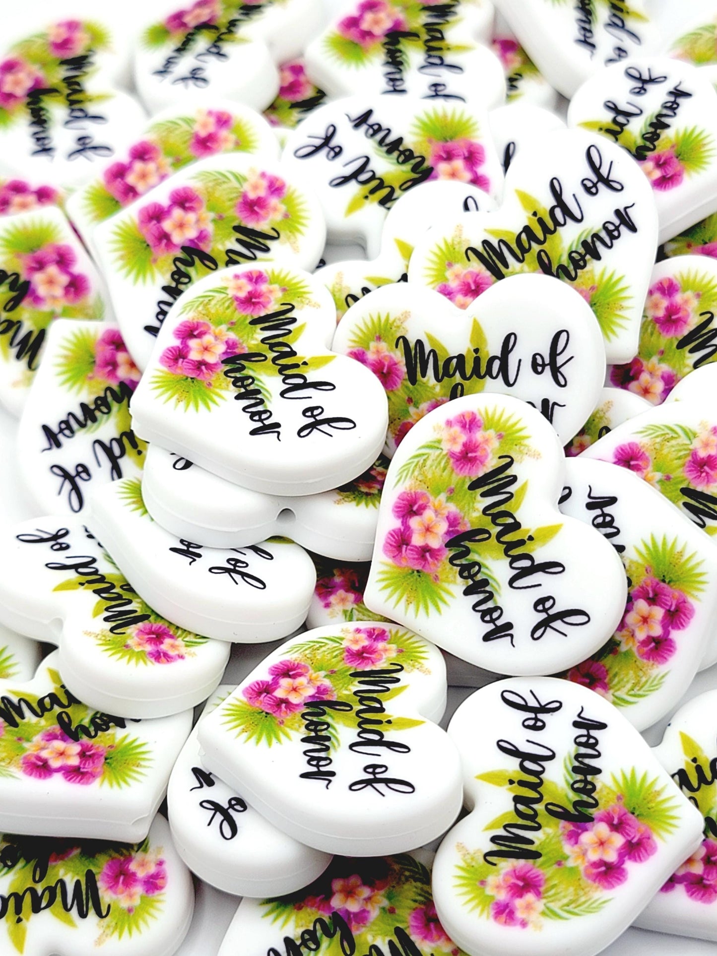 Tropical Floral Maid of Honor Heart Silicone Focal Pen Bead – Printed Bridal Heart Bead (Set 1 or 2)