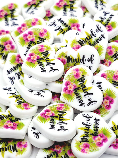 Tropical Floral Maid of Honor Heart Silicone Focal Pen Bead – Printed Bridal Heart Bead (Set 1 or 2)