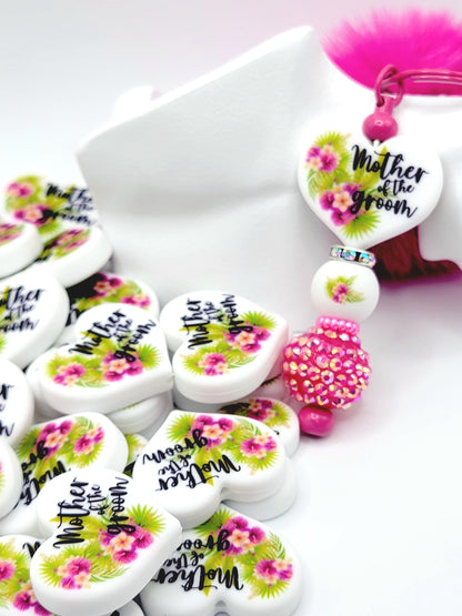 Tropical Mother of the Groom Heart Focal Pen Bead – Printed Silicone Bridal Pen Bead (Set 1 or 2)