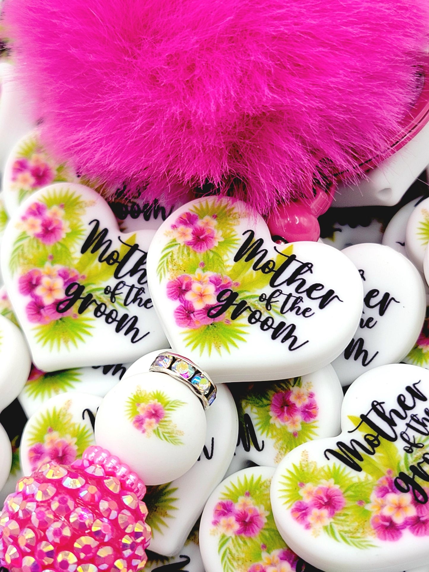 Tropical Mother of the Groom Heart Focal Pen Bead – Printed Silicone Bridal Pen Bead (Set 1 or 2)