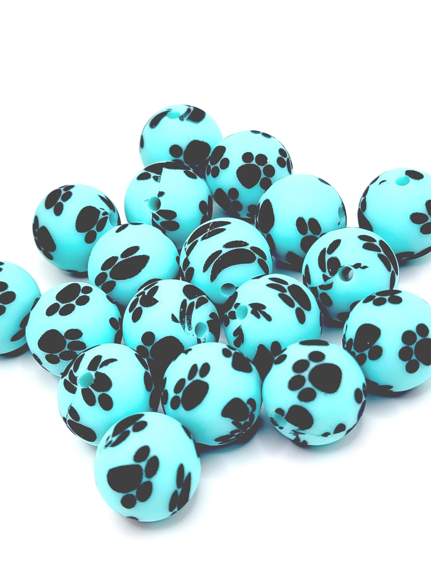 15mm Printed Turquoise Paw Print Silicone Bead – Round Pet Paw Print Beads for Pens & Wristlets