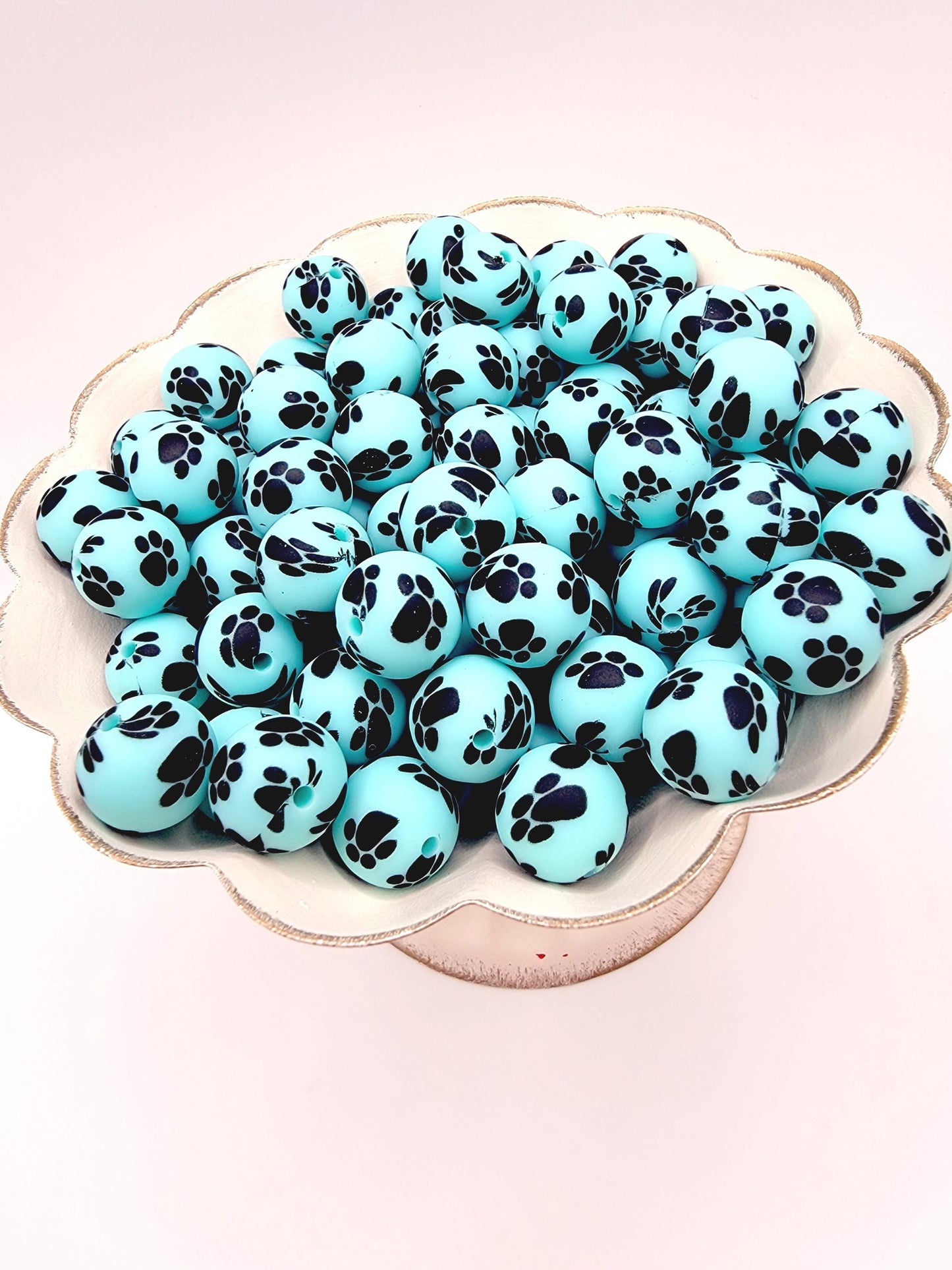 15mm Printed Turquoise Paw Print Silicone Bead – Round Pet Paw Print Beads for Pens & Wristlets