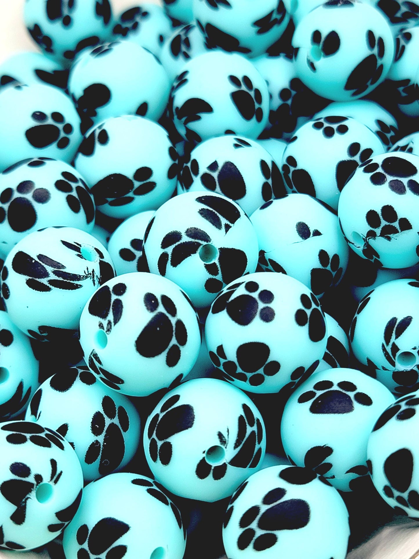 15mm Printed Turquoise Paw Print Silicone Bead – Round Pet Paw Print Beads for Pens & Wristlets