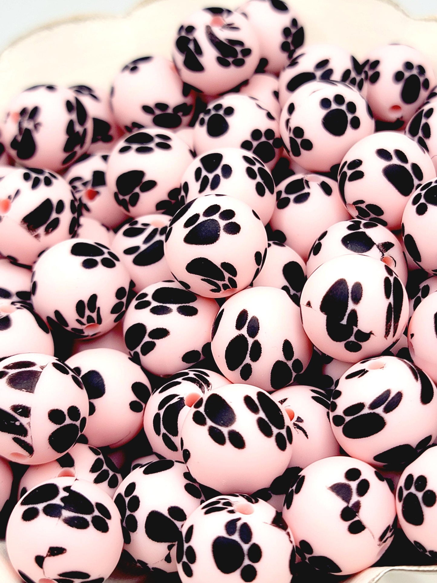 15mm Printed Pink and Black Paw Print Silicone Bead – Round Pet Beads for Pens & Wristlets