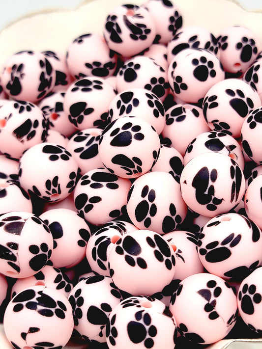 15mm Printed Pink and Black Paw Print Silicone Bead – Round Pet Beads for Pens & Wristlets