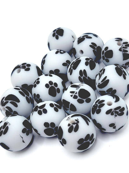 15mm Printed Gray Paw Print Silicone Bead – Pastel Pawprint Round Spacer Beads for Pens & Wristlets