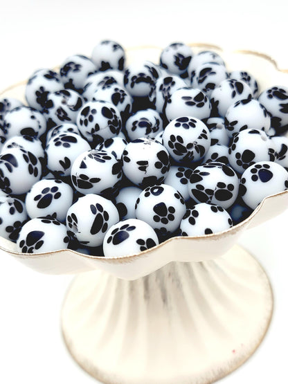 15mm Printed Gray Paw Print Silicone Bead – Pastel Pawprint Round Spacer Beads for Pens & Wristlets