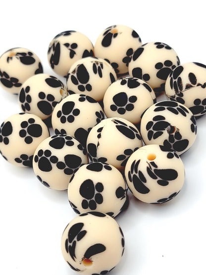 15mm Printed Oatmeal Tan Paw Print Silicone Bead – Pet Paw Print Round Spacer Beads for Pens & Wristlets