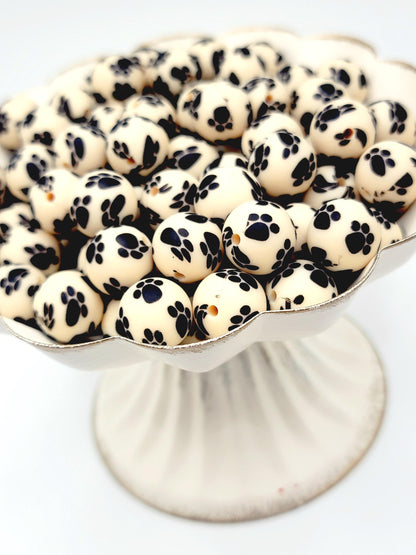 15mm Printed Oatmeal Tan Paw Print Silicone Bead – Pet Paw Print Round Spacer Beads for Pens & Wristlets