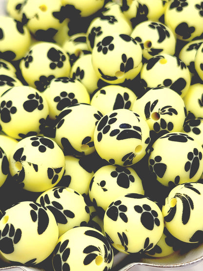 15mm Printed Light Yellow Paw Print Silicone Bead – Round Pet Paw Print Beads for Pens & Wristlets