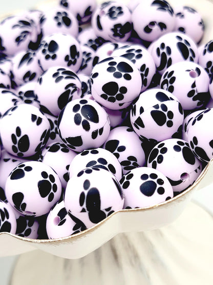 15mm Printed Light Purple Paw Print Silicone Bead – Paw Pet Beads for Pens & Wristlets