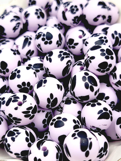 15mm Printed Light Purple Paw Print Silicone Bead – Paw Pet Beads for Pens & Wristlets