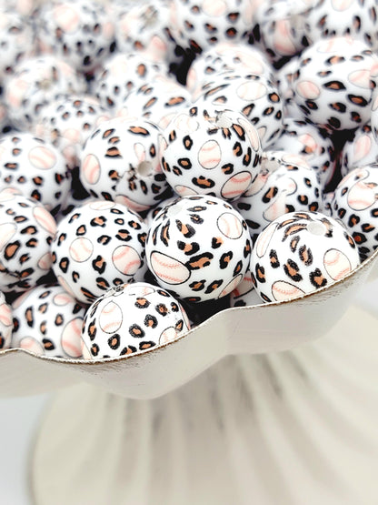 15mm Printed Baseball Leopard Print Silicone Bead – Sports Theme Round Spacer Beads for Pens & Wristlets
