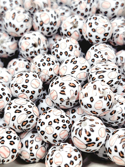 15mm Printed Baseball Leopard Print Silicone Bead – Sports Theme Round Spacer Beads for Pens & Wristlets