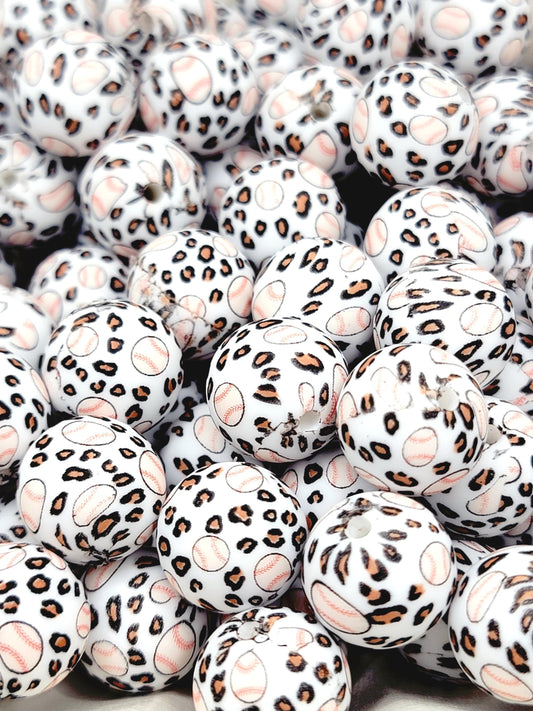 15mm Printed Baseball Leopard Print Silicone Bead – Sports Theme Round Spacer Beads for Pens & Wristlets