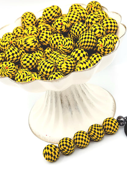 15mm Printed Gold Yellow & Black Check Printed Silicone Beads – Checkered Round Beads for Pens & Wristlets