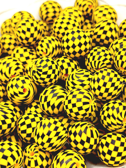 15mm Printed Gold Yellow & Black Check Printed Silicone Beads – Checkered Round Beads for Pens & Wristlets