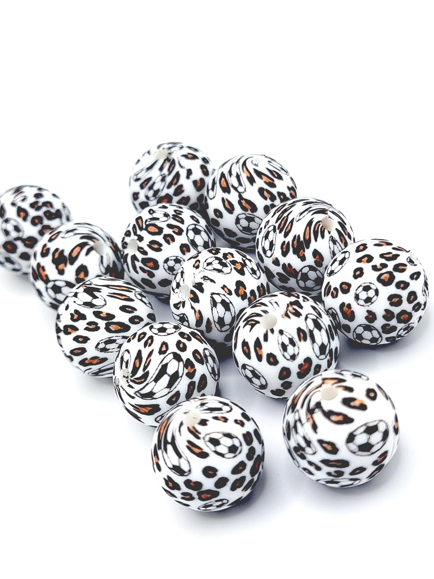 15mm Printed Soccer Ball Leopard Print Silicone Bead – Sports Theme Round Spacer Beads for Pens & Wristlets