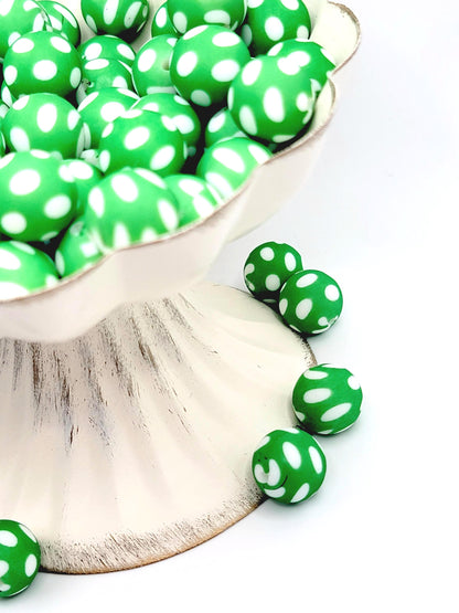 15mm Printed Green Polka Dot Silicone Bead – Green Round Spacer Print Beads for Pens & Wristlets
