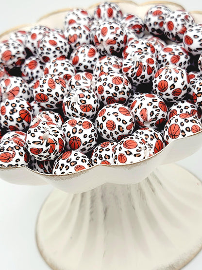 15mm Printed Basketball Leopard Print Silicone Bead – Sports Theme Round Spacer Beads for Pens & Wristlets
