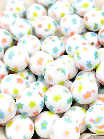 15mm Printed Happy Daisy Spring Floral Silicone Bead – Flower Round Beads for Pens & Wristlets