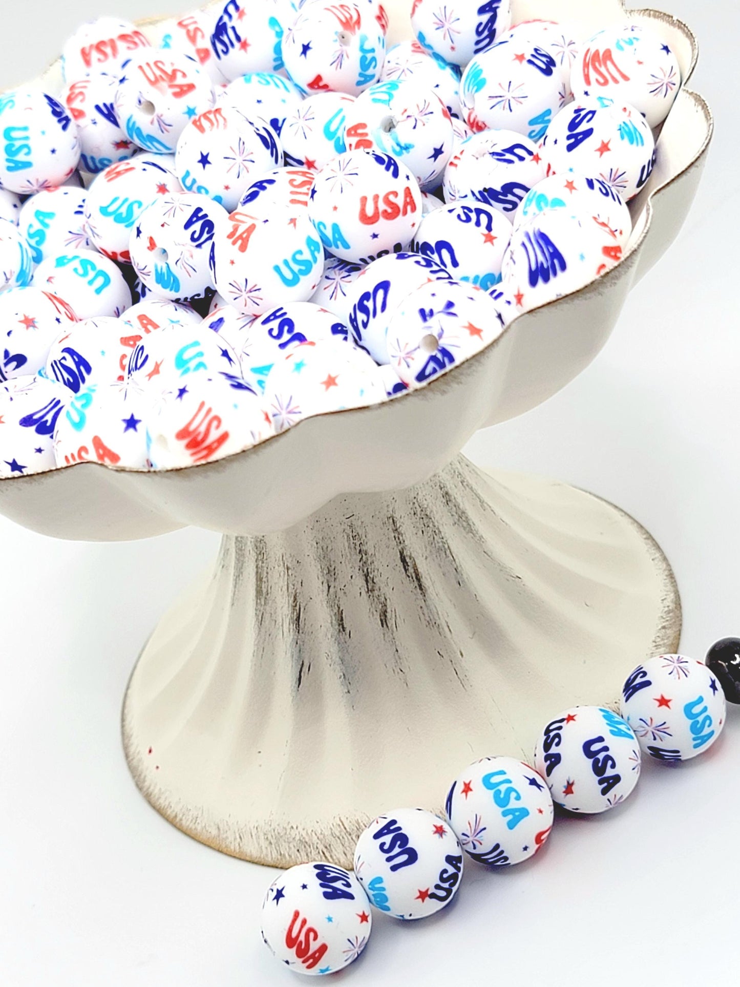 15mm Printed USA Fireworks Silicone Beads – Patriotic Round Beads for Pens & Wristlets