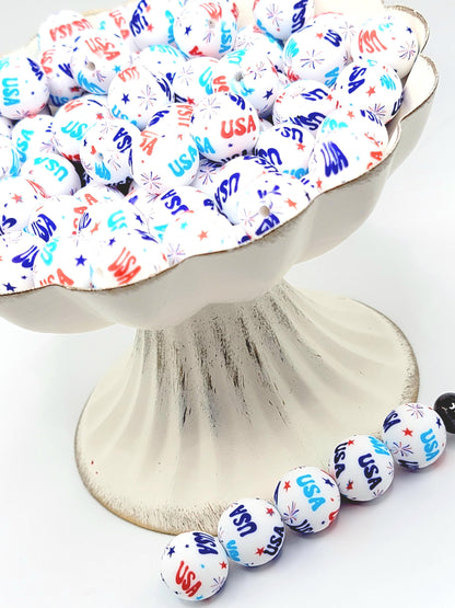 15mm Printed USA Fireworks Silicone Beads – Patriotic Round Beads for Pens & Wristlets