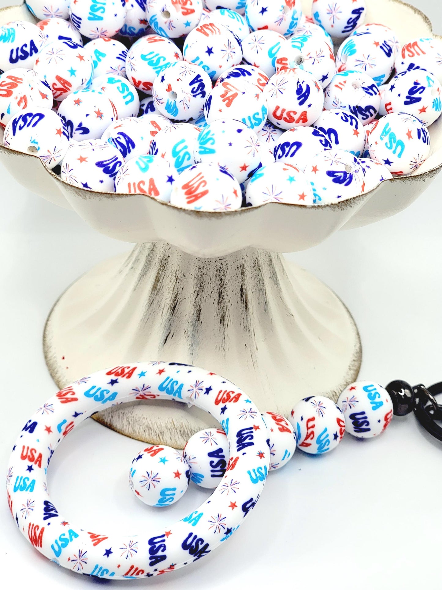 15mm Printed USA Fireworks Silicone Beads – Patriotic Round Beads for Pens & Wristlets