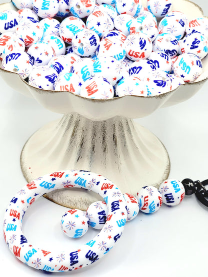 15mm Printed USA Fireworks Silicone Beads – Patriotic Round Beads for Pens & Wristlets