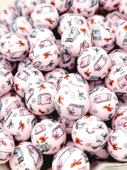 15mm Printed Pink Book Lover Silicone Beads – Reading-Themed Round Beads for Pens & Wristlets