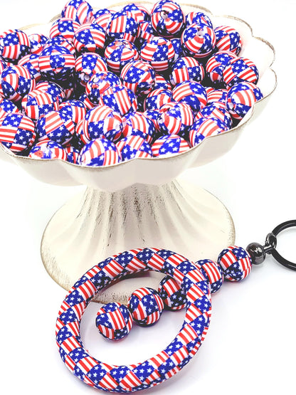 15mm Printed USA Flag Patriotic Silicone Beads – Round Fourth of July Beads for Pens & Wristlets