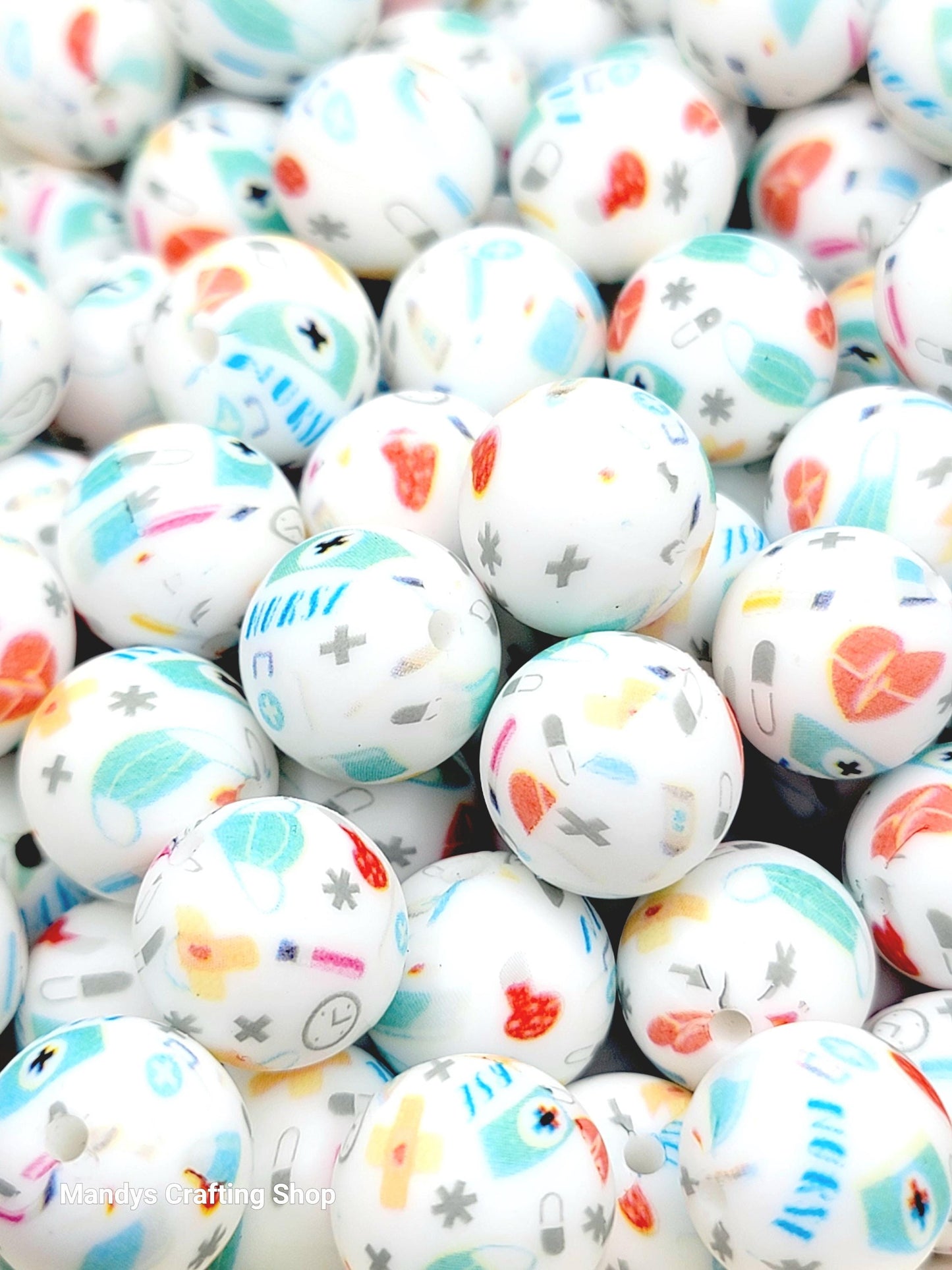 15mm Printed RN Nurse Beads (White) - Nurse Medical Theme Silicone Round Spacer Bead for Pens & Wristlets