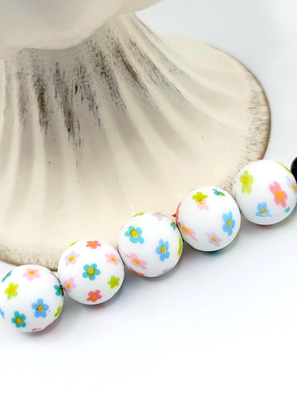 15mm Printed Happy Daisy Spring Floral Silicone Bead – Flower Round Beads for Pens & Wristlets